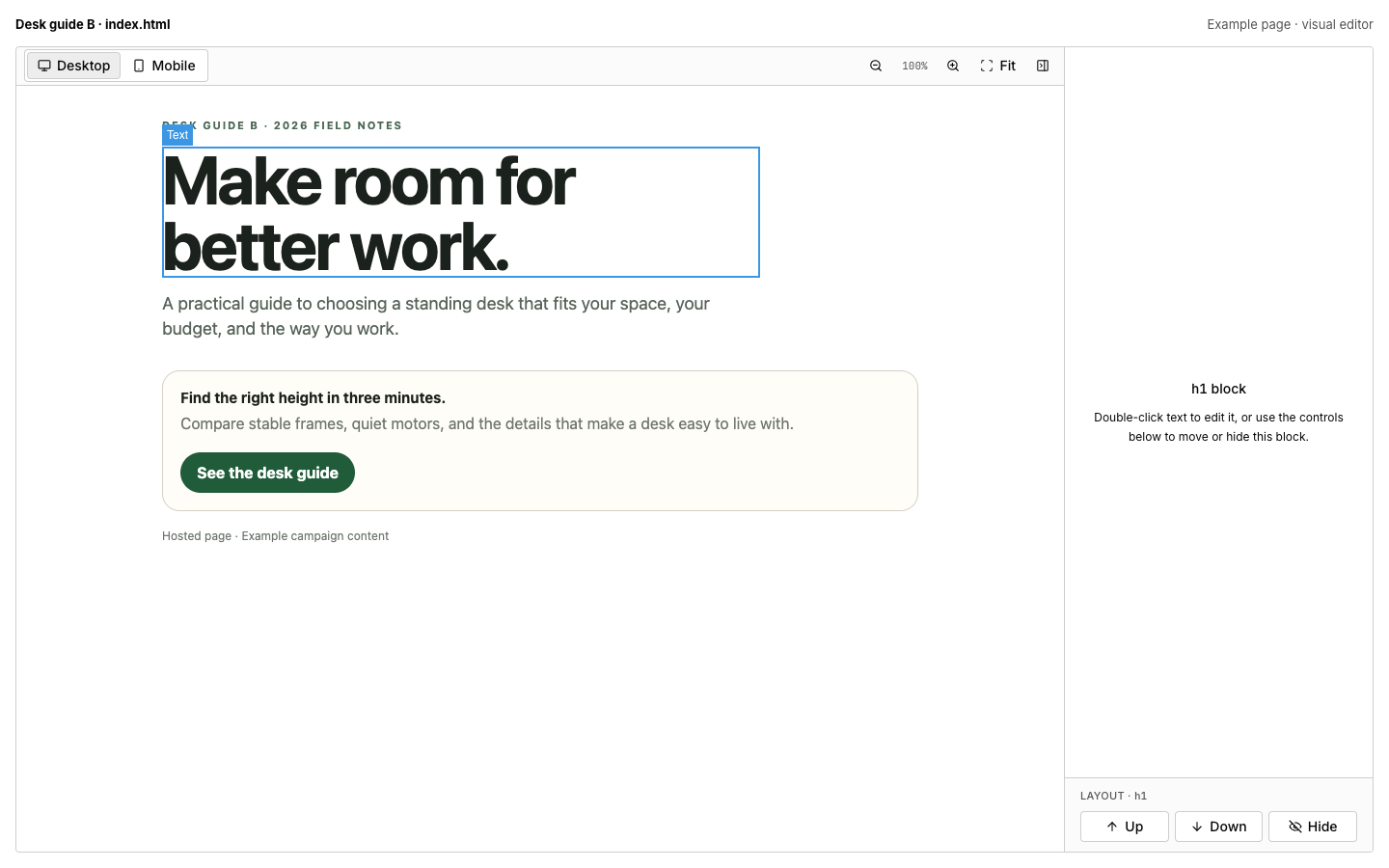 Example page content in Tracked's visual editor, not a customer campaign result